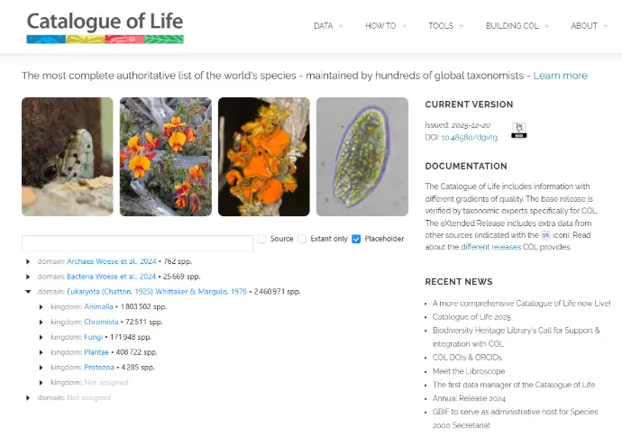 Catalogue of Life (CoL) The Catalogue of Life (CoL) is a comprehensive global database that aims to list all known species of living organisms on Earth. It provides verified scientific names, taxonomic classification, and links to authoritative sources, helping researchers, educators, and citizen scientists confirm species identities. By integrating CoL data, IdentifyLife connects identification tools and resources to a trusted reference system, making it easier to explore the diversity of life and understand how organisms are classified within the broader tree of life.
